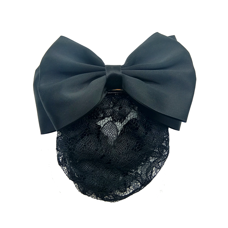 Black ribbon bow stretch fabric hair net with french clip