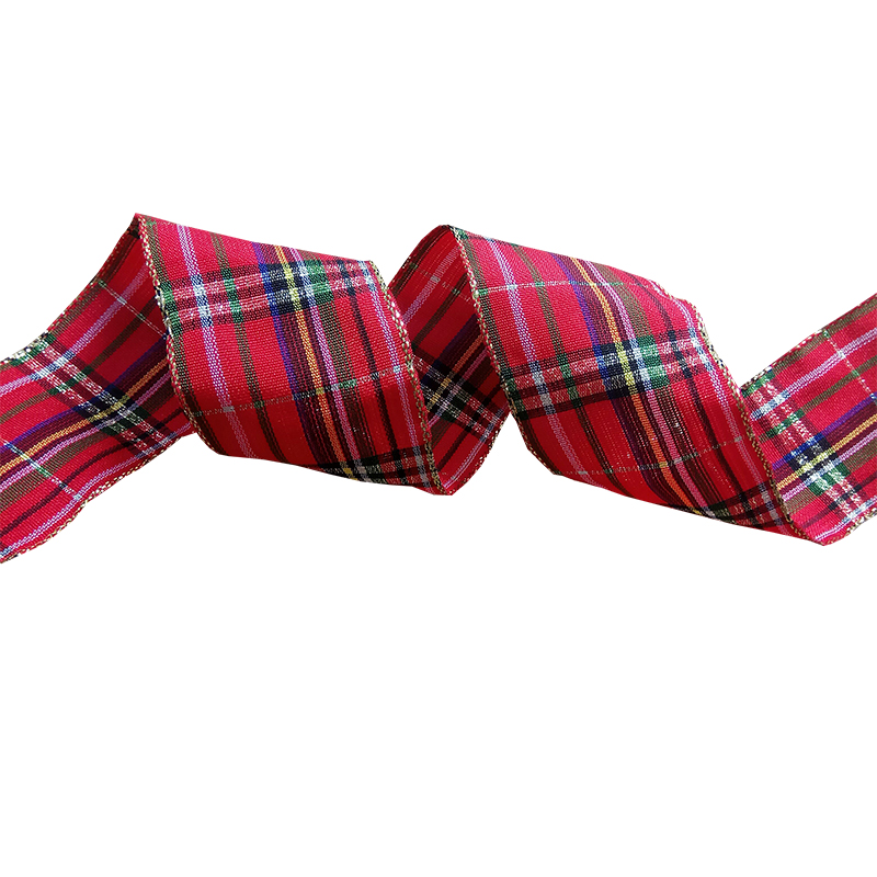 Wired red tartan ribbon plaid Christmas ribbon with gold edge
