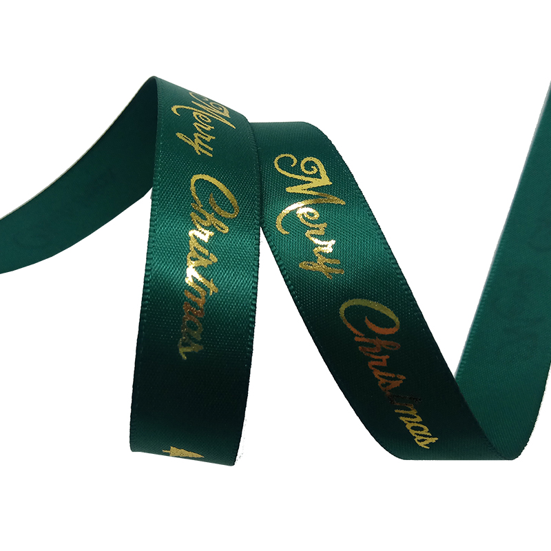 Polyester custom printed ribbon hot stamp gold foil Merry Christmas